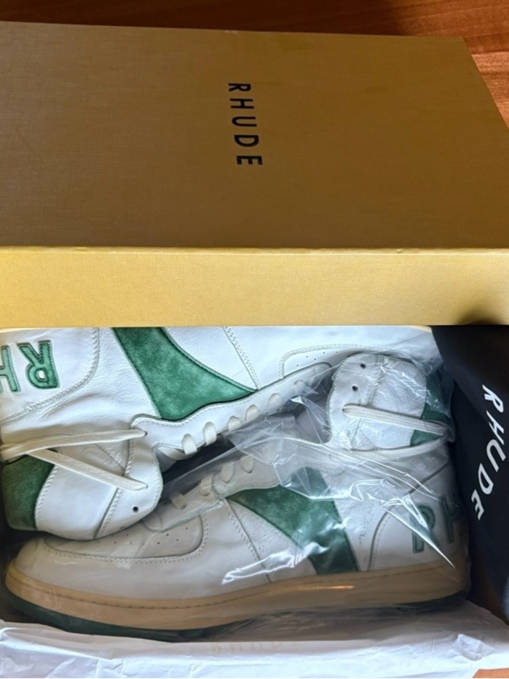 Rhude White Leather Sneakers with Green Suede Accents